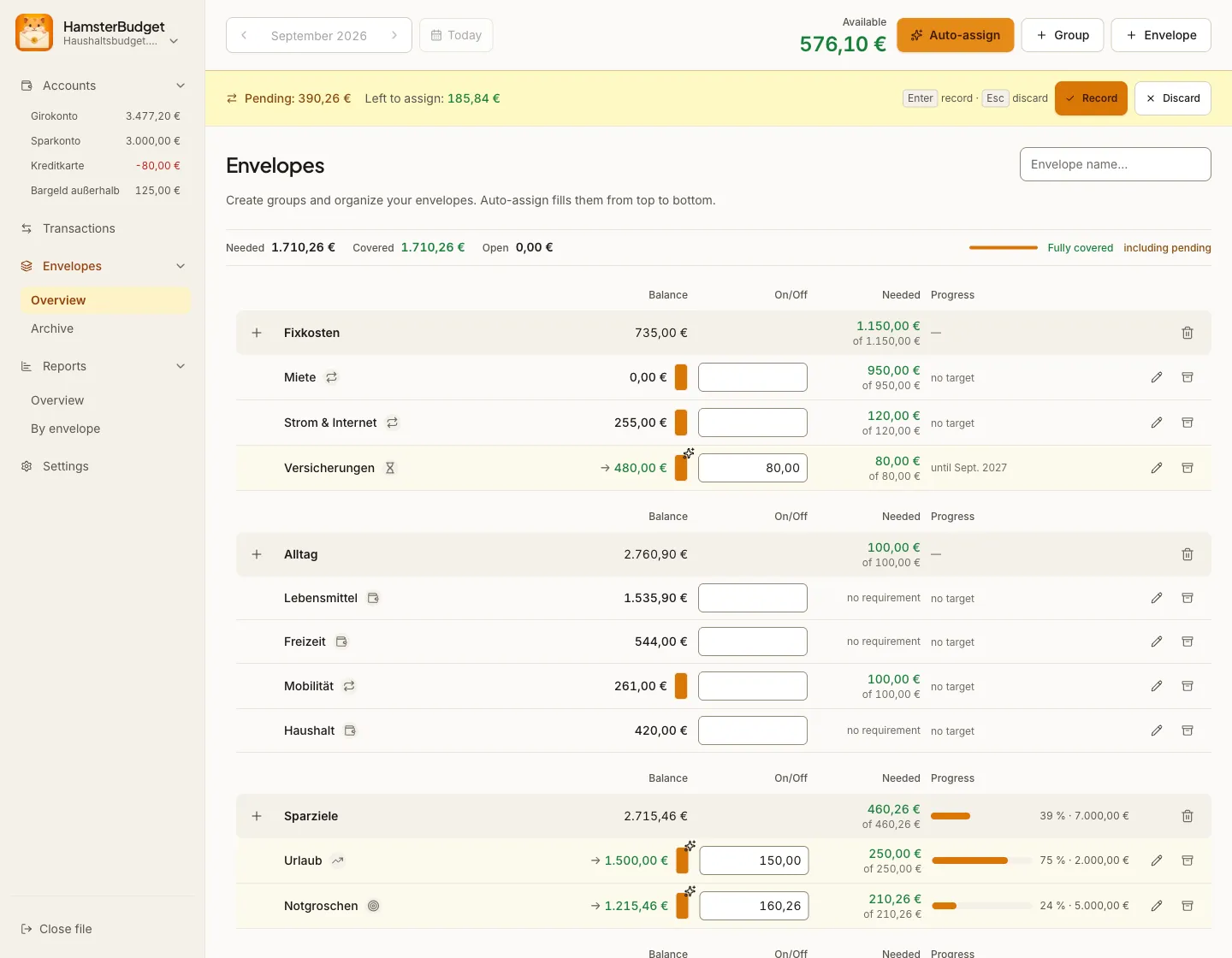 Automatic allocation preview with a pending total and a highlighted allocation