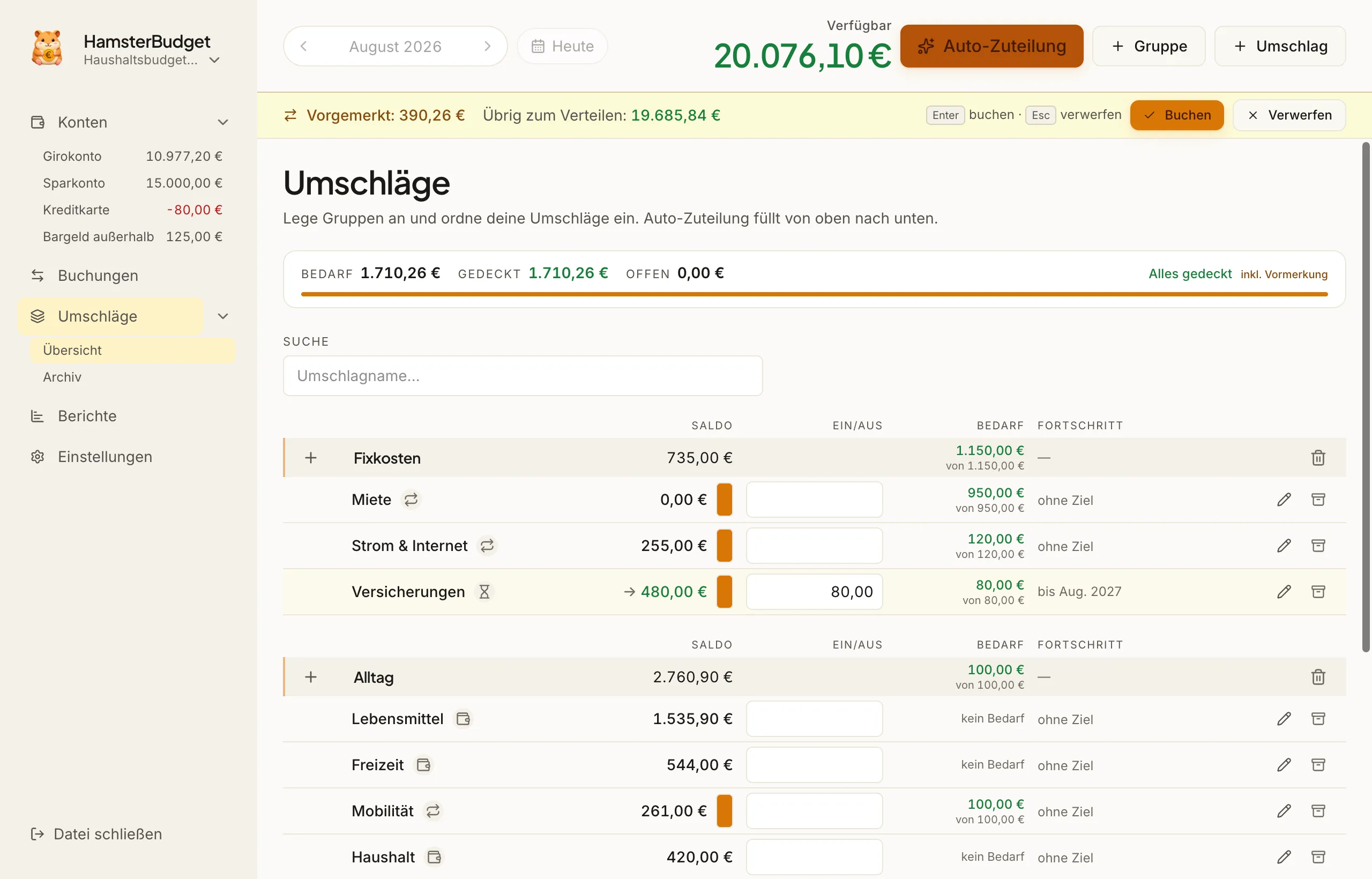 Automatic allocation preview with a pending total and a highlighted allocation