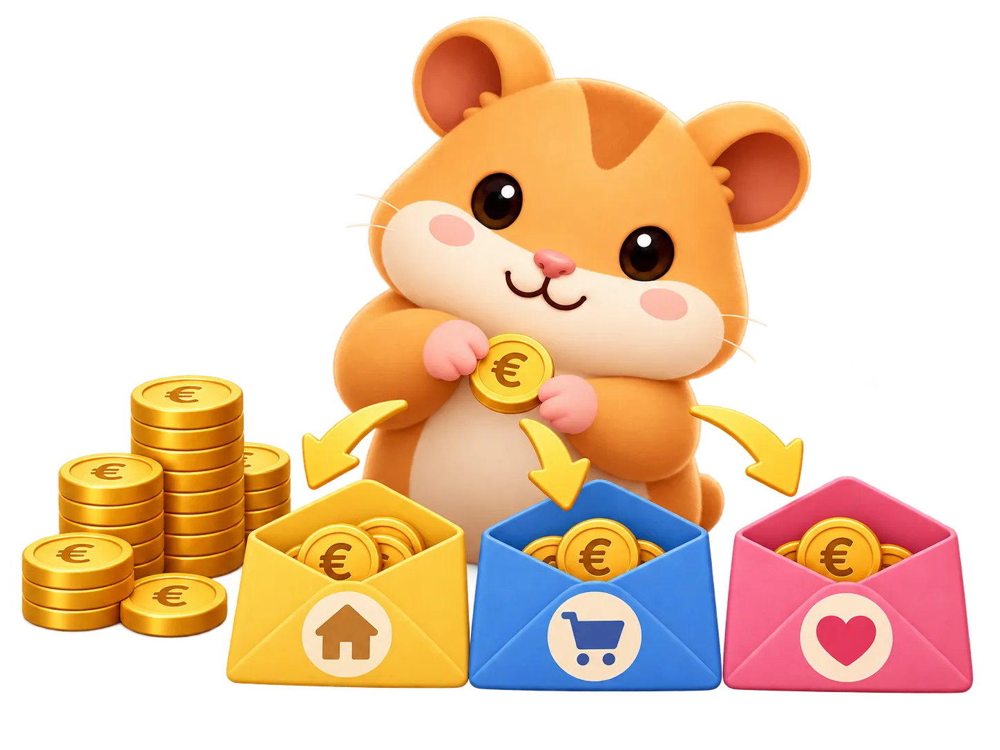 Ein Hamster verteilt Münzen auf drei Umschläge: gelb mit Haus für Miete, blau mit Einkaufswagen für Lebensmittel und rosa mit Herz für Freizeit.