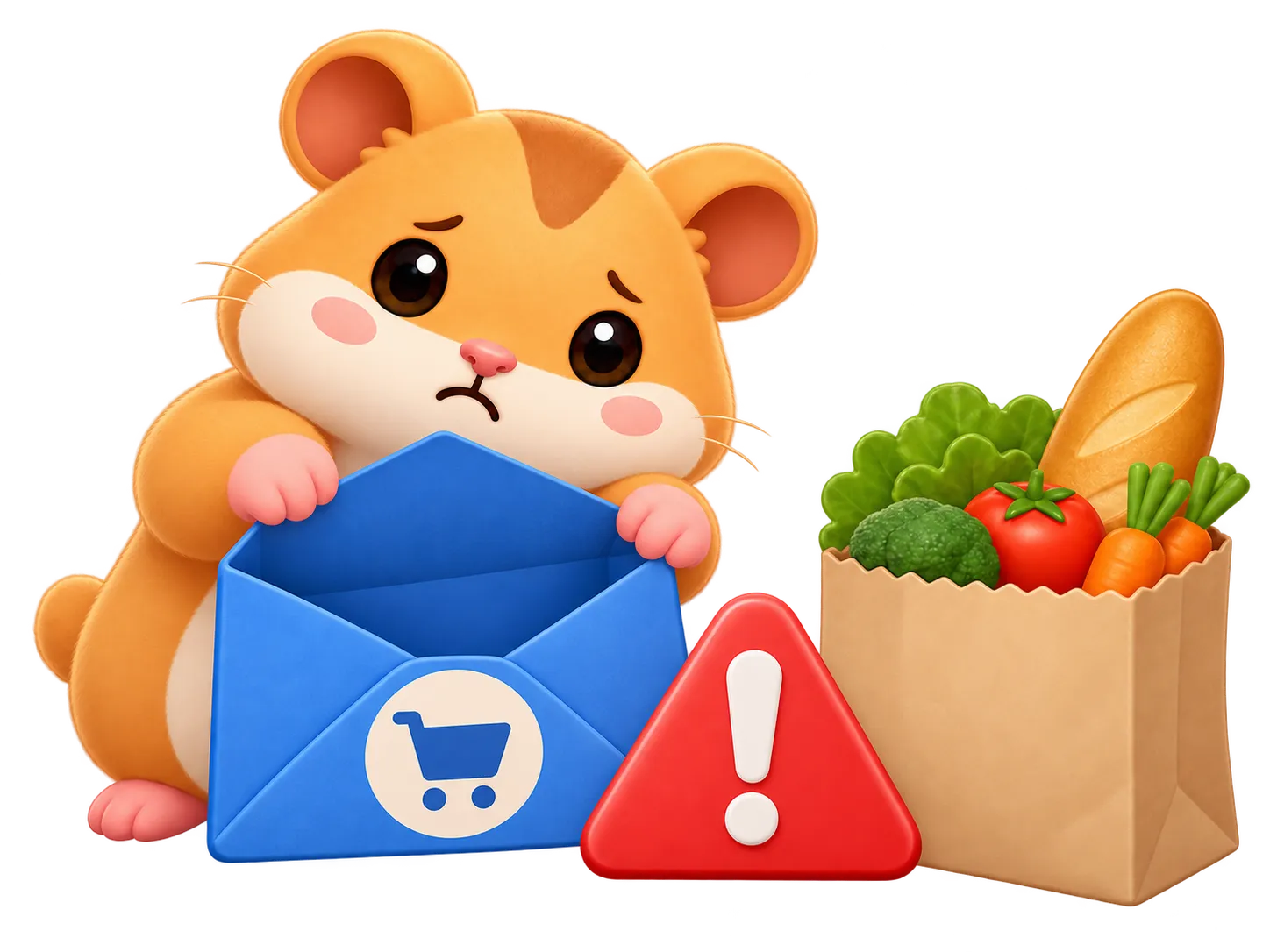 Ein besorgter Hamster zeigt einen leeren blauen Lebensmittel-Umschlag. Ein rotes Warnzeichen neben dem Umschlag und ein großer Einkauf mit Brot und Gemüse verdeutlichen die Überschreitung.