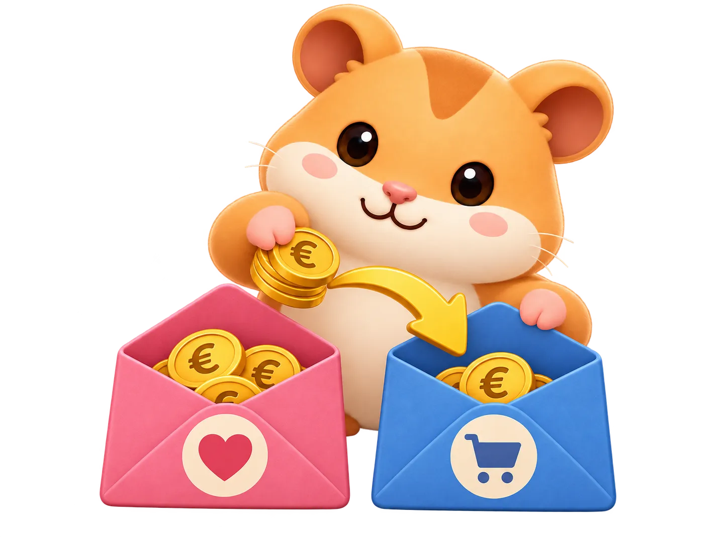 Ein Hamster verschiebt Münzen vom rosa Freizeit-Umschlag in den blauen Lebensmittel-Umschlag. Ein Pfeil zeigt von Freizeit zu Lebensmitteln.