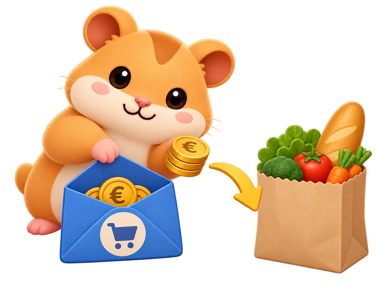Ein Hamster nimmt Münzen aus dem blauen Lebensmittel-Umschlag, um einen Einkauf mit Brot und Gemüse zu bezahlen. Ein Pfeil zeigt vom Umschlag zum Einkauf.