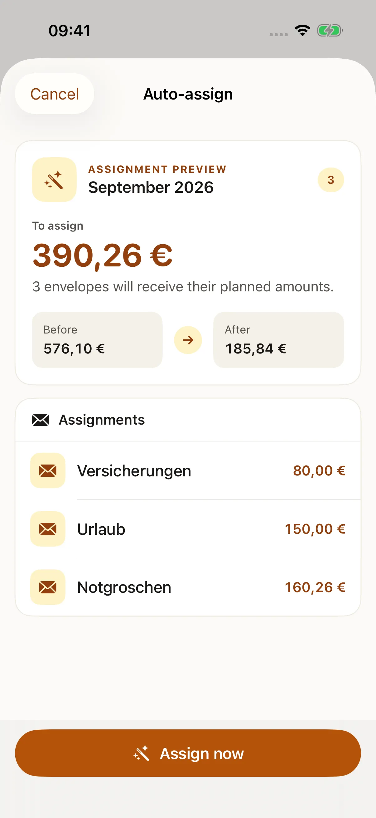 HamsterBudget on iPhone: €390.26 proposed for assignment · €185.84 stays free
