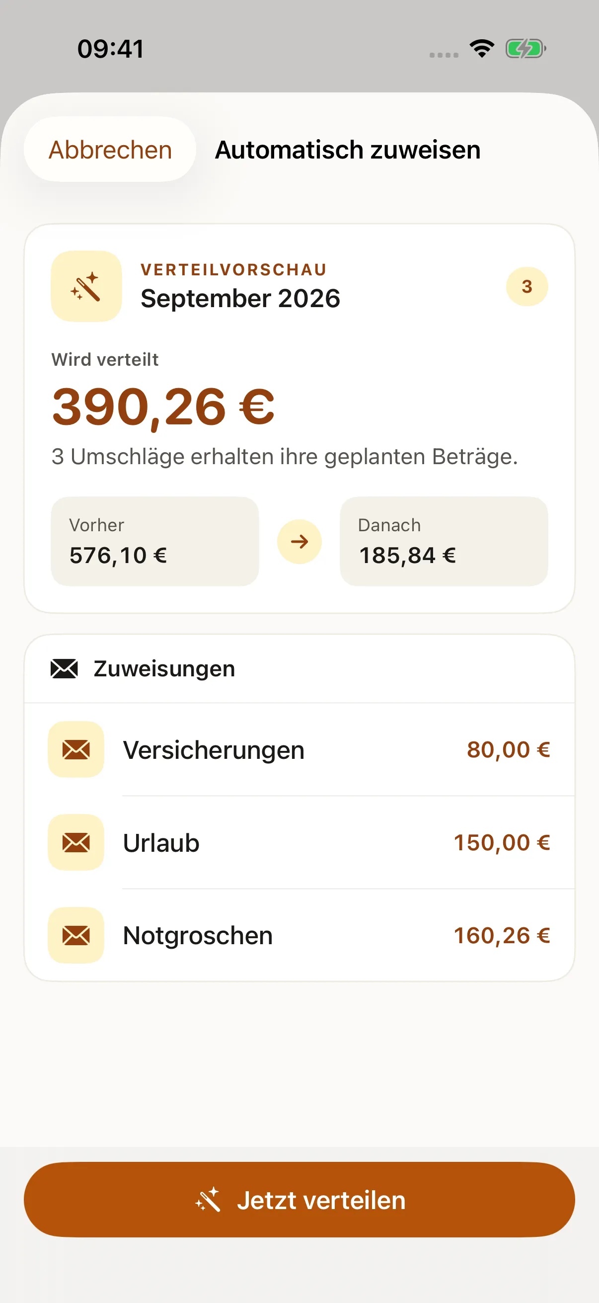 HamsterBudget auf dem iPhone: 390,26 € zur Verteilung vorgeschlagen · 185,84 € bleiben frei