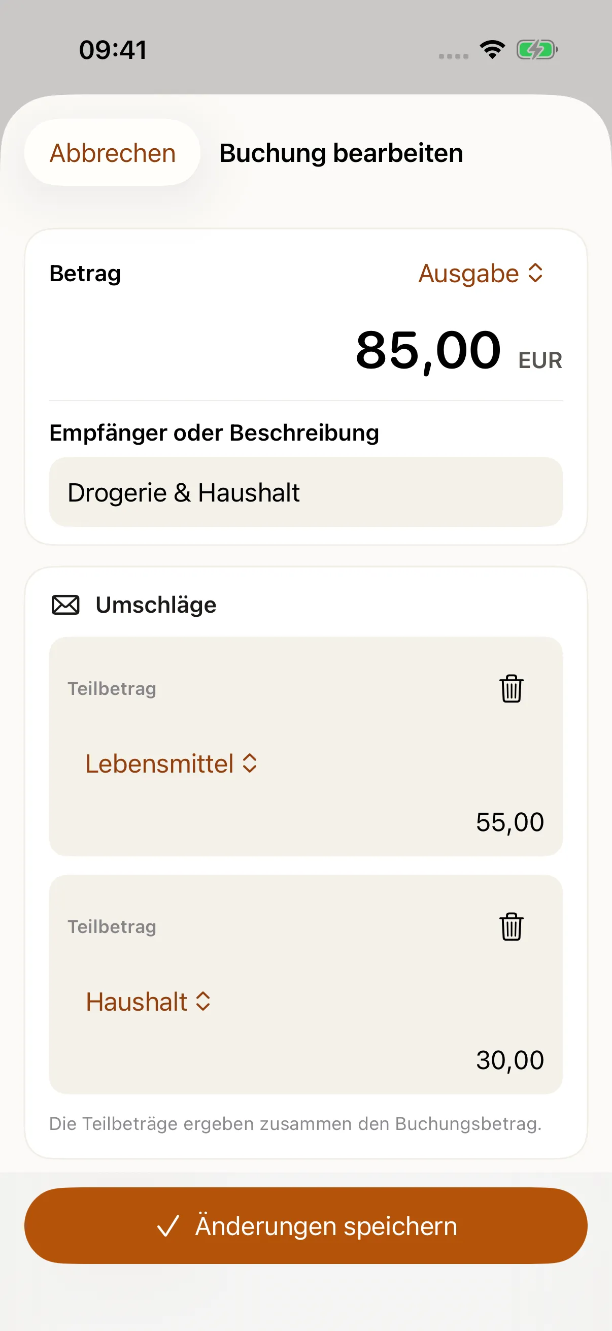 HamsterBudget auf dem iPhone: 85 € Ausgabe: 55 € für Lebensmittel, 30 € für Haushalt