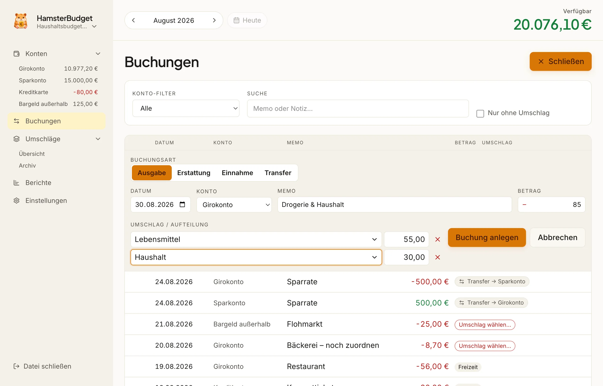 New expense split into 55 euros for groceries and 30 euros for household spending